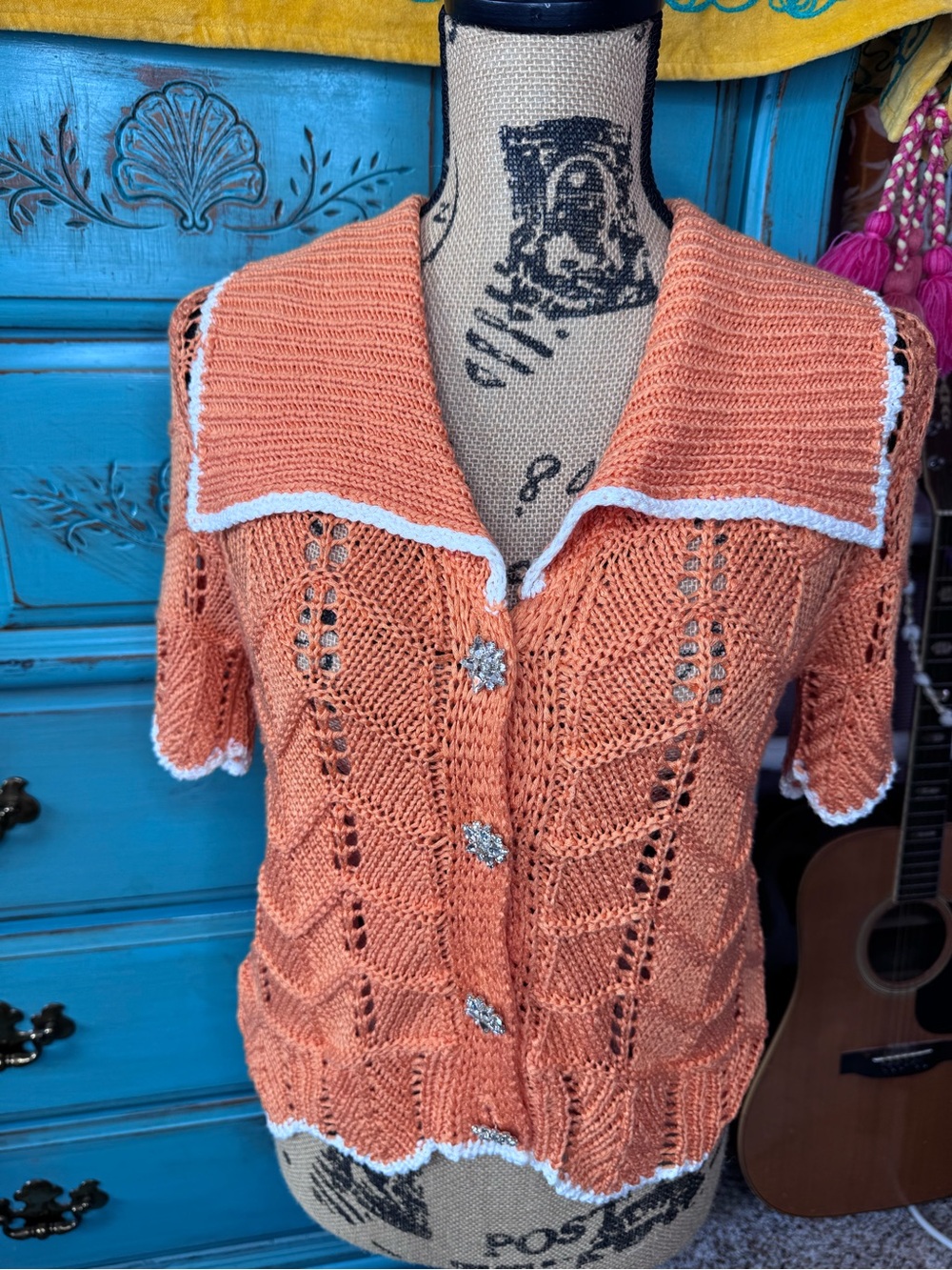 Listicle Peach Knit Short-Sleeve Cardigan with White Trim